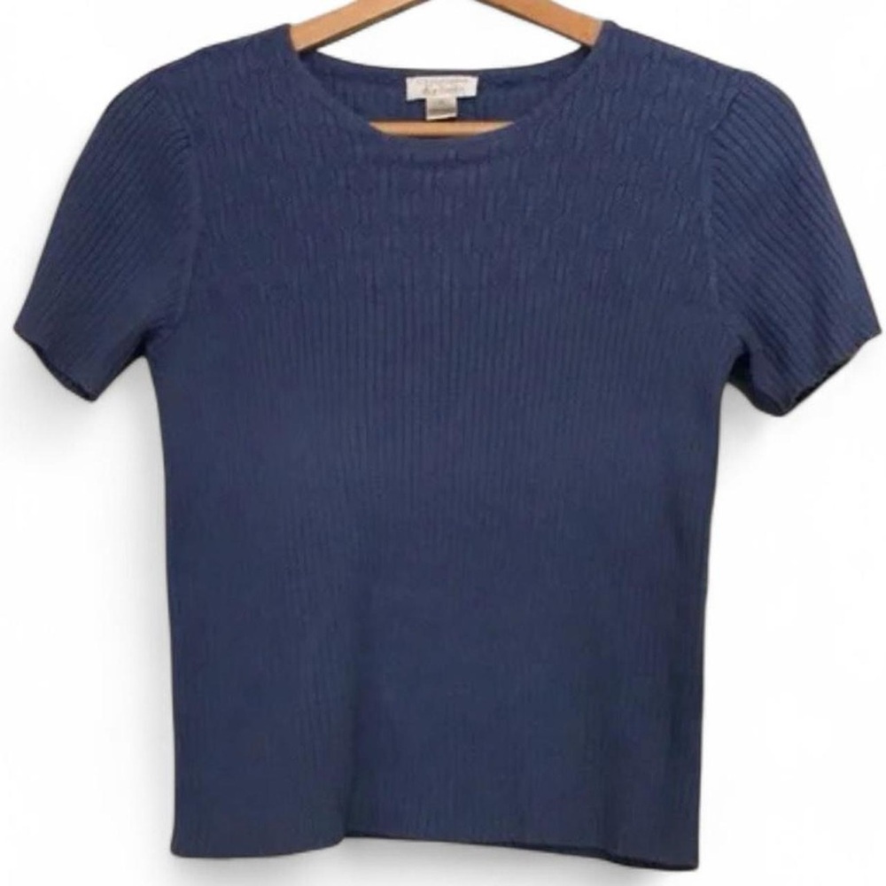 Christopher & Banks L Cotton Acrylic Stretch Short Sleeve Blue Sweater Top